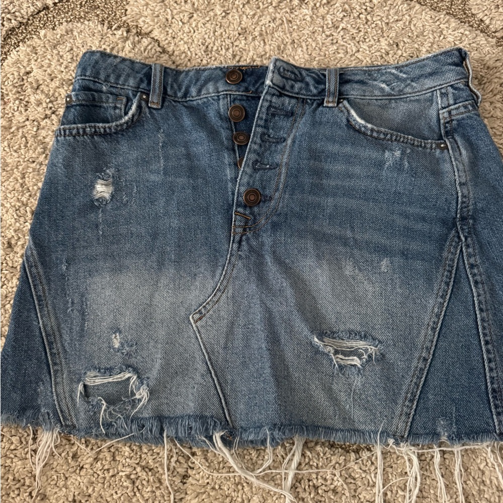 We The Free Blue Distressed A-Line Skirt